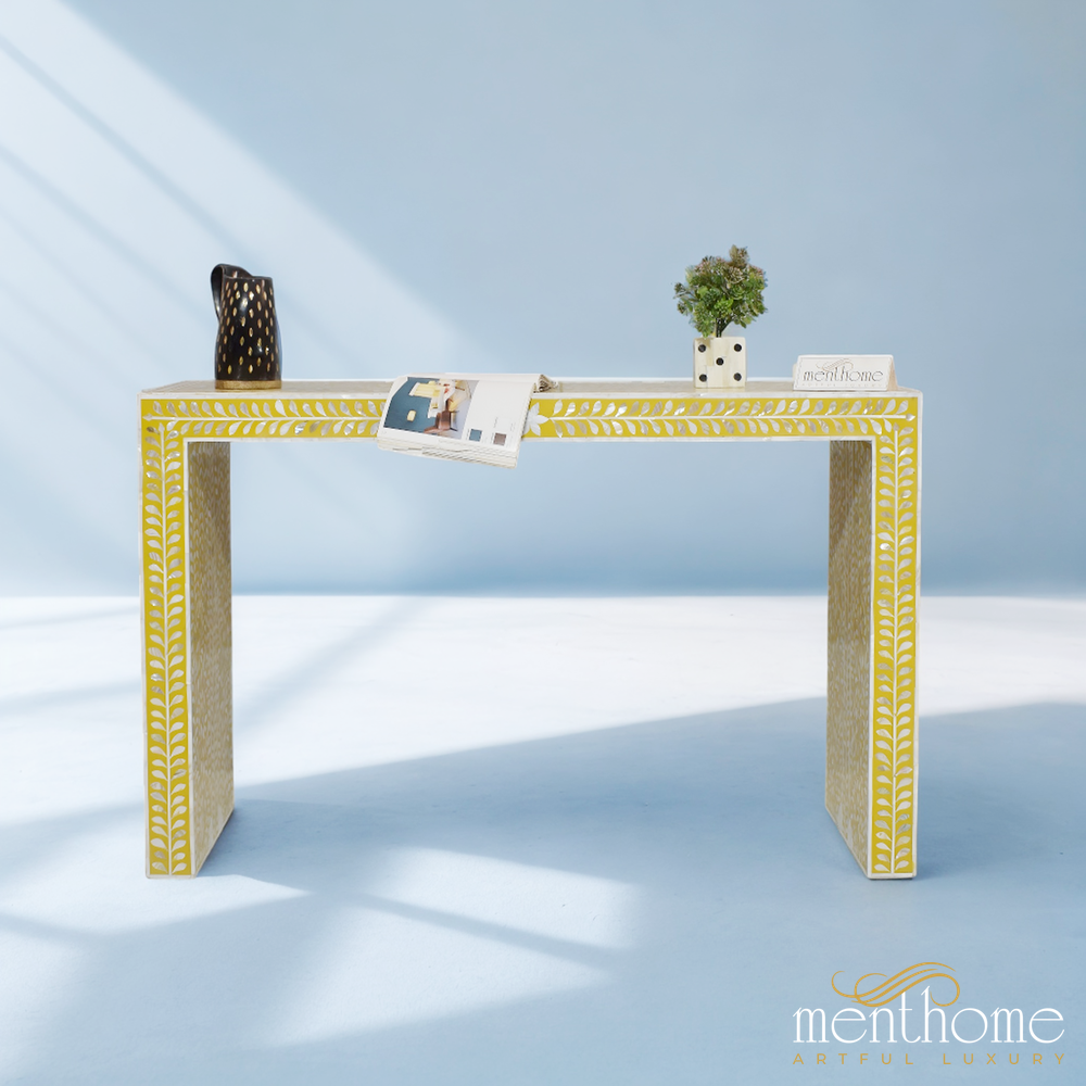 Yellow Console Table floral pattern Mother of Pearl | Luxury Handmade Console