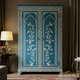 Hand-Painted Blue Floral Wooden Wardrobe | Luxury Handmade Wardrobe