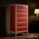Red Wooden Tall Chest of Drawers with Inlay Design | Luxury Handmade Tallboy