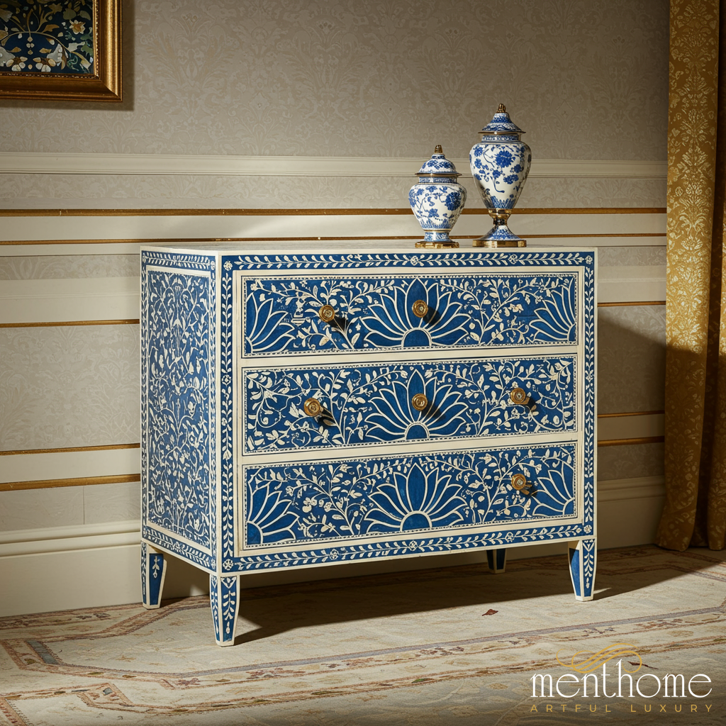 Blue and White Hand-Painted Floral Chest of Drawers | Luxury Handmade Dresser