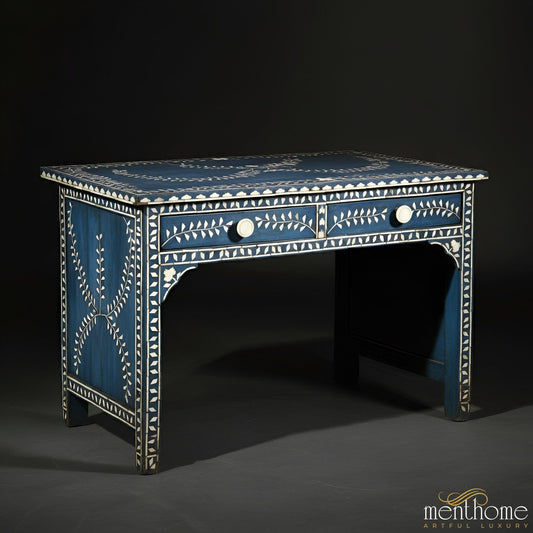 Perfect Blend of Style and Function Bone Inlay Navy Blue Desk | Bone Inlay Writing Desk | Timeless Craftsmanship | Luxury Handmade Desk