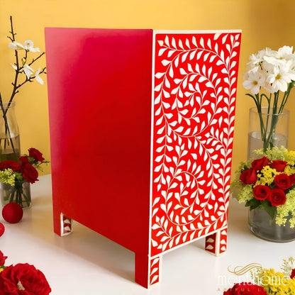 3 Drawer Resin Leaf Design Red and White Bedside Table | Luxury Handmade Bedside Table