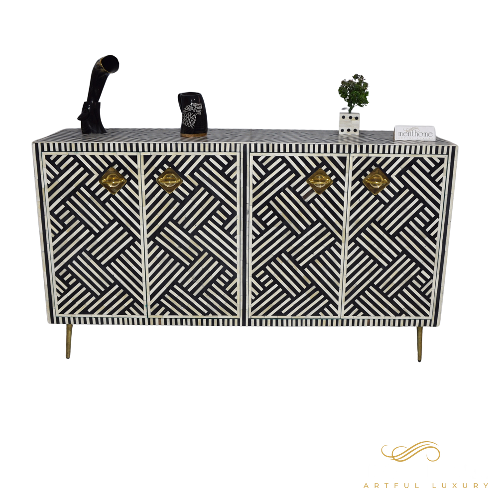 Black 4-Door Optical Pattern Bone Inlay Cabinet with Brass leg | Luxury Handmade Cabinet