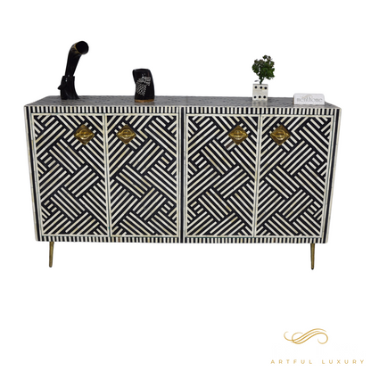 Black 4-Door Optical Pattern Bone Inlay Cabinet with Brass leg | Luxury Handmade Cabinet
