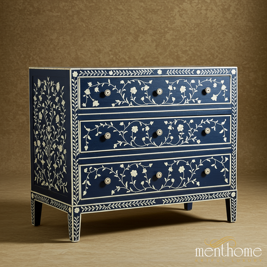 Blue Floral Inlay Wooden Chest of Drawers | Luxury Handmade Chest of Drawer