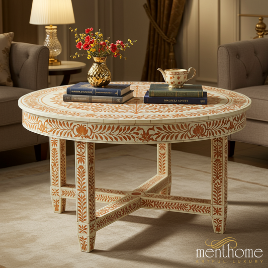 Hand-Painted Floral Pattern Round Wooden Coffee Table | Luxury Handmade Coffee Table