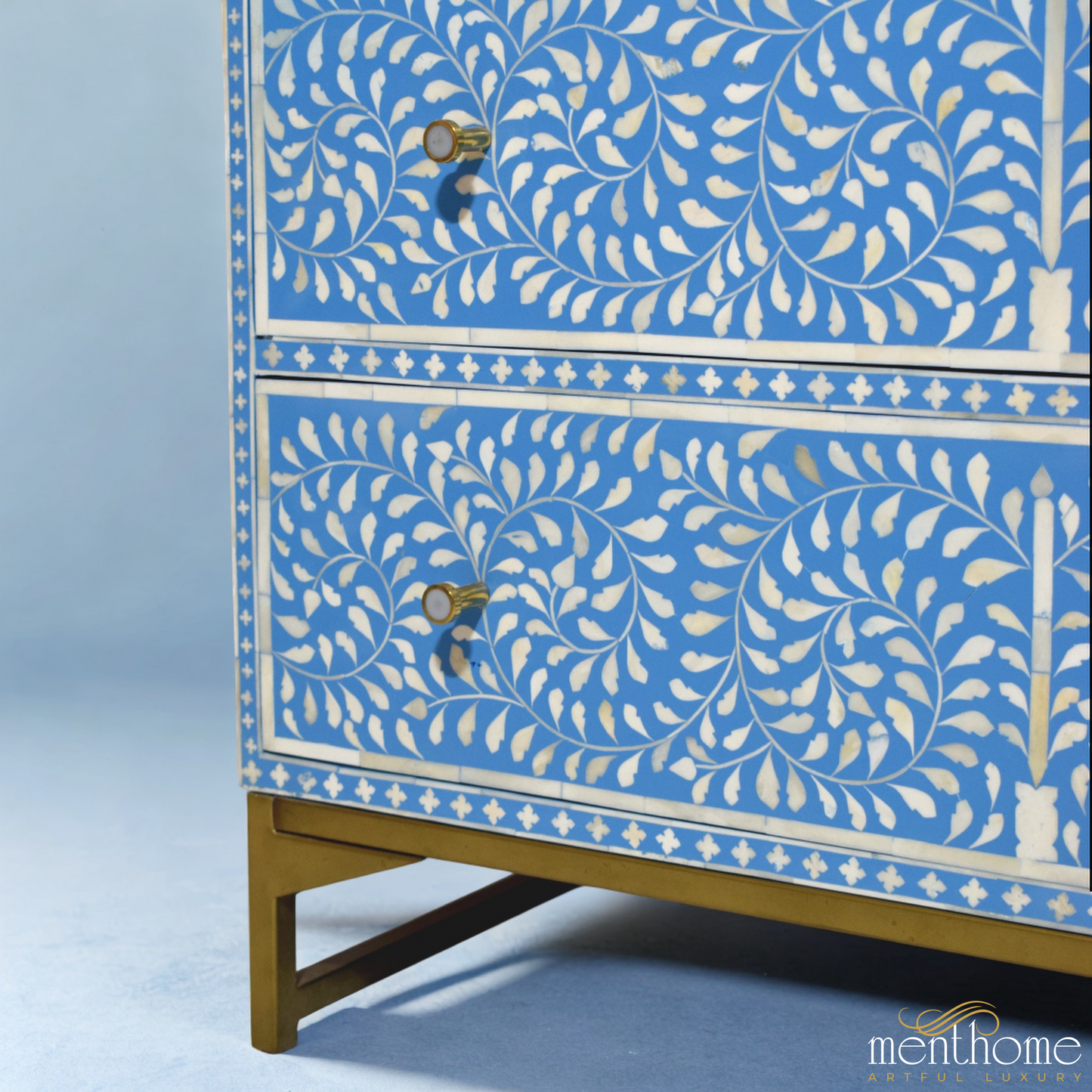 Bone Inlay Dressers Blue Floral 3-drawers with brass leg | Luxury Handmade Dresser