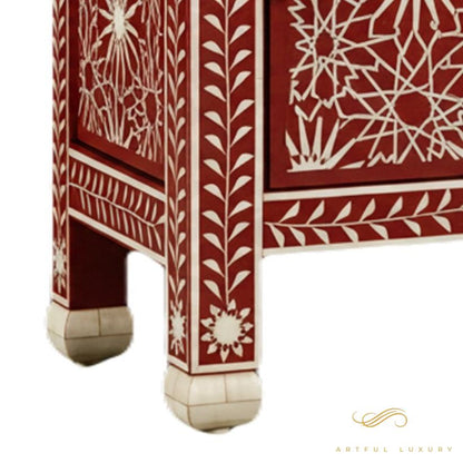 Handmade Bone Inlay Red Bedside Table In Geometric Pattern | Luxury Handmade Bedside Table