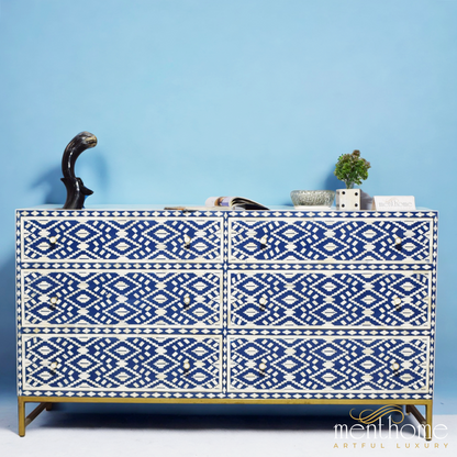 Navy Blue Bone Inlay Eye Cut pattern 6-Drawer Dresser | Luxury Handmade Dresser