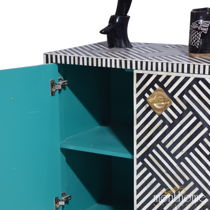 Black 4-Door Optical Pattern Bone Inlay Cabinet with Brass leg | Luxury Handmade Cabinet