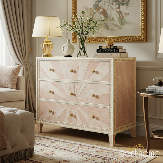 Elegant Sunburst Pattern Three-Drawer Chest | Luxury Handmade Chest of Drawer