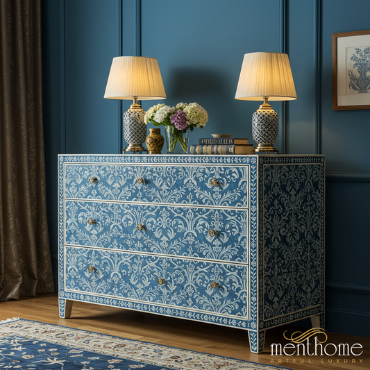Blue Floral Patterned Three-Drawer Chest | Luxury Handmade Dresser