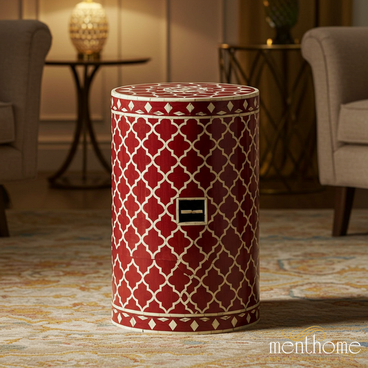 Red and White Decorative Drum Stool | Luxury Handmade Stool