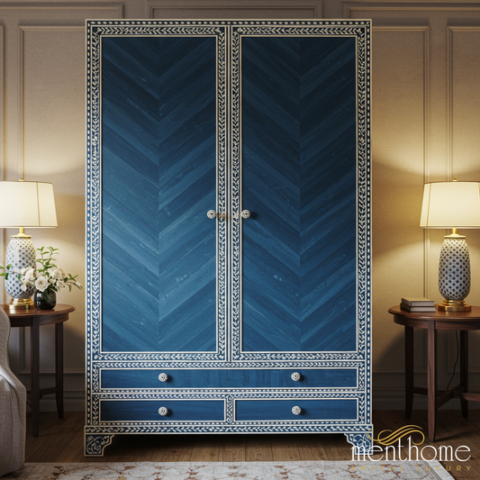 Blue Inlaid Wooden Wardrobe | Luxury Handmade Wardrobe