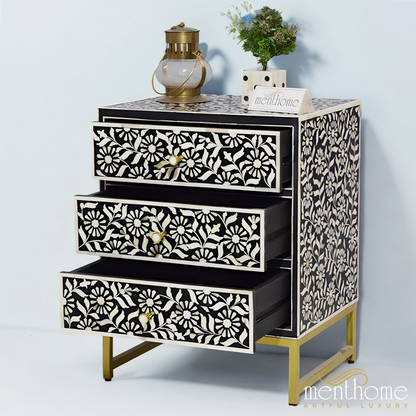 3-drawers Sunflower pattern Nightstand with Brass leg | Luxury Handmade Bedside Table