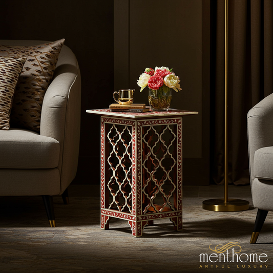 Intricately Designed Red and White Decorative Side Table | Luxury Handmade Side Table