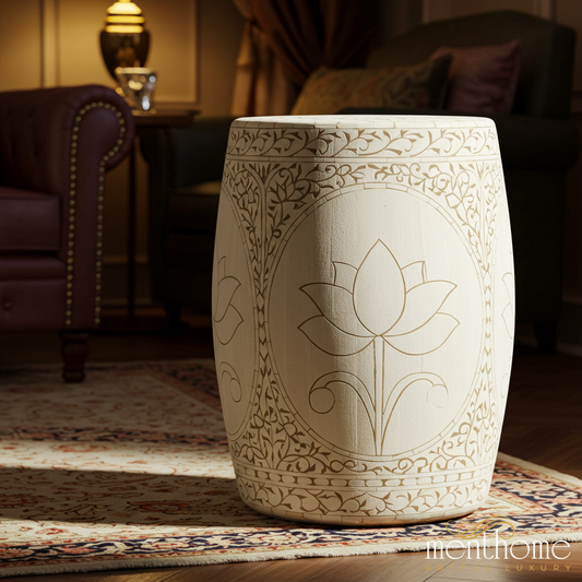 Decorative Wooden Lotus Carved Stool | Luxury Handmade Stool