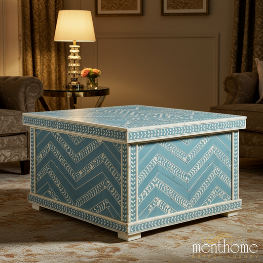Blue Chevron Patterned Wooden Storage Coffee Table | Luxury Handmade Coffee Table