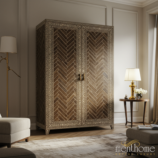 Elegant Vintage Wooden Cabinet with Intricate Inlay Pattern | Luxury Handmade Wardrobe