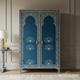 Hand Painted Lotus Floral Blue Armoire Cabinet | Luxury Handmade Wardrobe