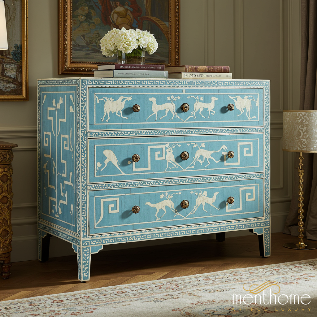 Vintage Blue Painted Chest of Drawers with Dog Motif | Luxury Handmade Chest of Drawer