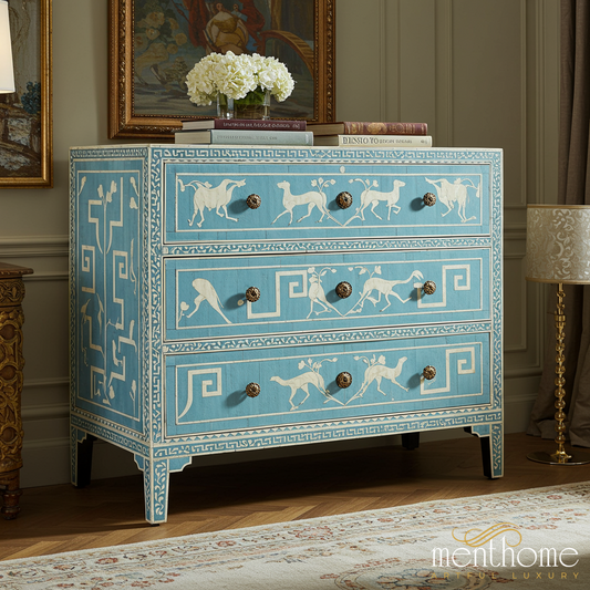 Vintage Blue Painted Chest of Drawers with Dog Motif | Luxury Handmade Chest of Drawer