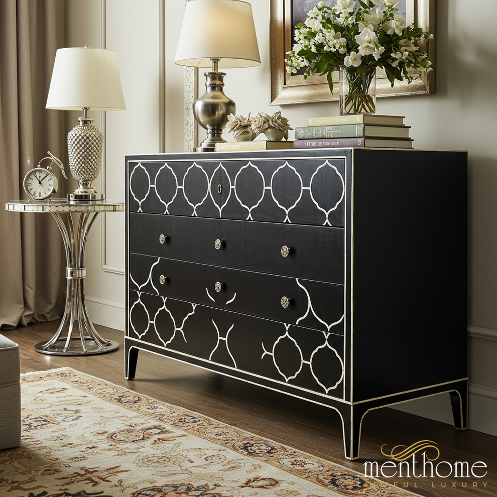 Black Decorative Chest of Drawers with Silver Pattern | Luxury Handmade Dresser - M(60"Wx18"Dx30"H) / MOP Black Decorative Chest of Drawers with Silver Pattern | Luxury Handmade Dresser - M(60"Wx18"Dx30"H) / MOP