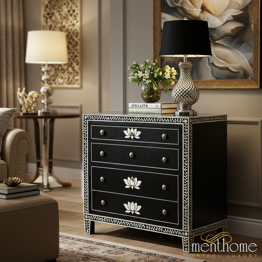 Elegant Black Wooden Chest of Drawers with Floral Inlay | Luxury Handmade Dresser