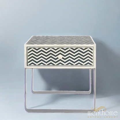 Chevron Pattern Bedside Table with Metal Base | Luxury Handmade Bedside Table
