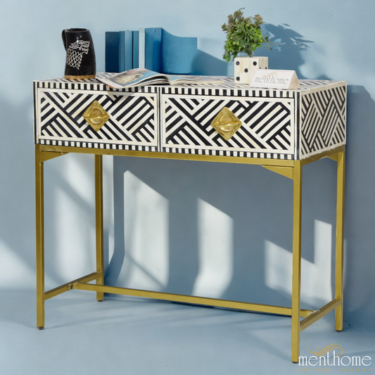 Optical Pattern 2 Drawers Bone Inlay Desk with Brass Leg | Luxury Handmade Desk