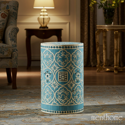Blue Floral Mosaic Ceramic Garden Stool | Luxury Handmade Stool
