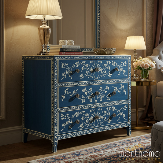 Hand-Painted Blue Floral Wooden Chest of Drawers | Luxury Handmade Dresser