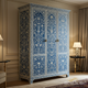 Handcrafted Blue Floral Inlay Wardrobe Cabinet | Luxury Handmade Wardrobe