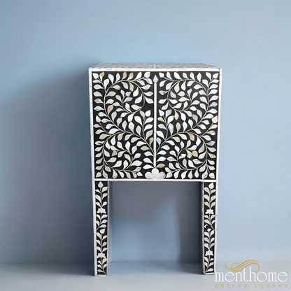 Mother of Pearl floral Dark Grey Bedside table | Luxury Handmade Bedside Table