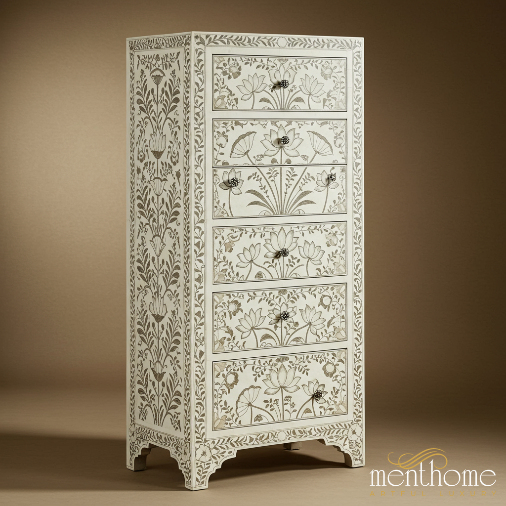 Handcrafted Bone Inlay 6-Drawer Tall Chest | Luxury Handmade Tallboy