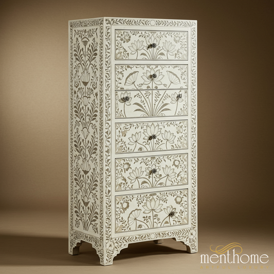 Handcrafted Bone Inlay 6-Drawer Tall Chest | Luxury Handmade Tallboy