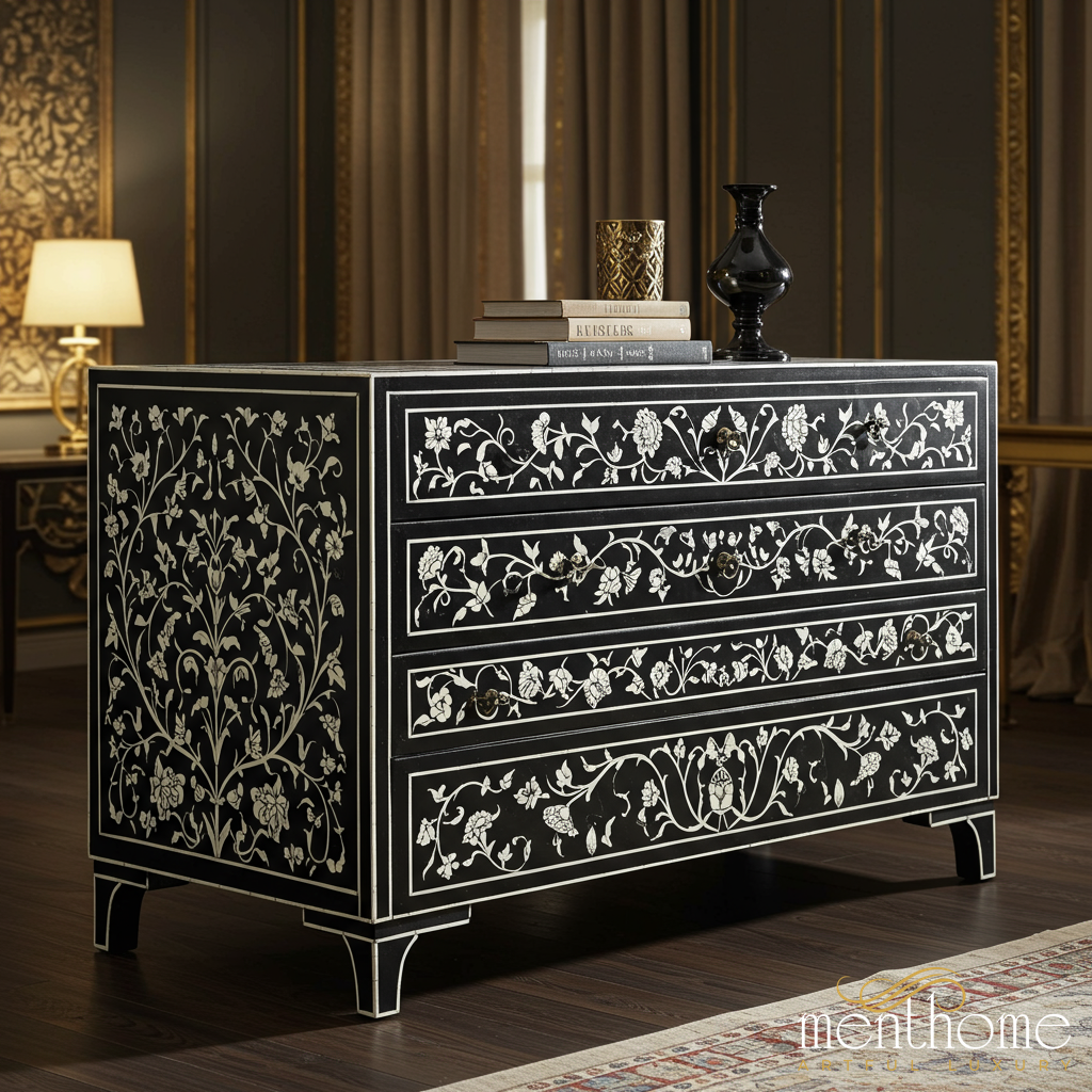 Black Floral Inlay Wooden Chest of Drawers | Luxury Handmade Dresser