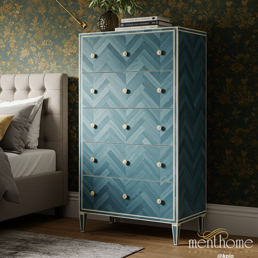 Blue Herringbone Pattern Chest of Drawers | Luxury Handmade Tallboy