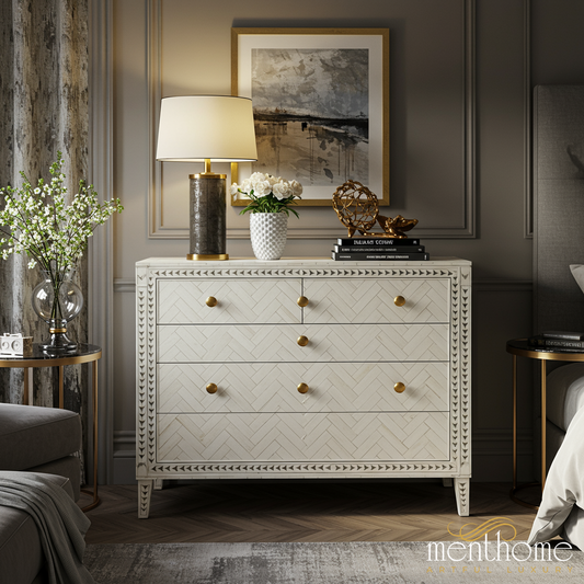 Elegant White Patterned Wooden Dresser with Brass Knobs | Luxury Handmade Dresser