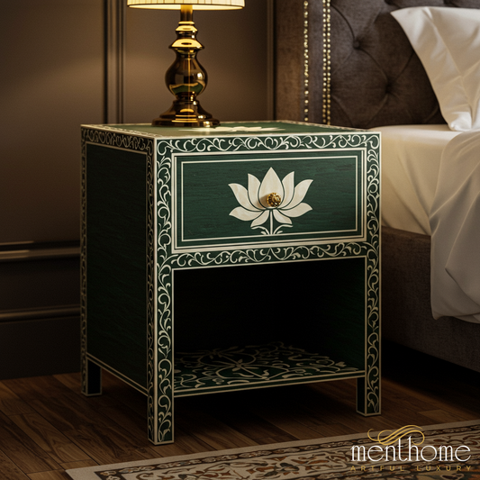 Handcrafted Green Lotus Inlay Bedside Table | Luxury Handmade Bedside Table