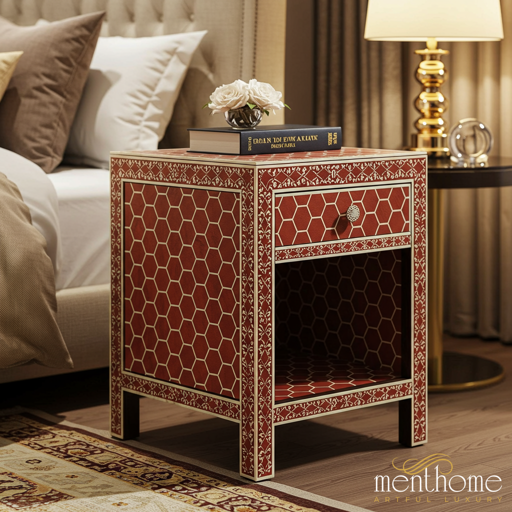 Bedside Table Patterned Red and Gold Patterned Bedside Table with Drawer and Open Shelf | Luxu ...