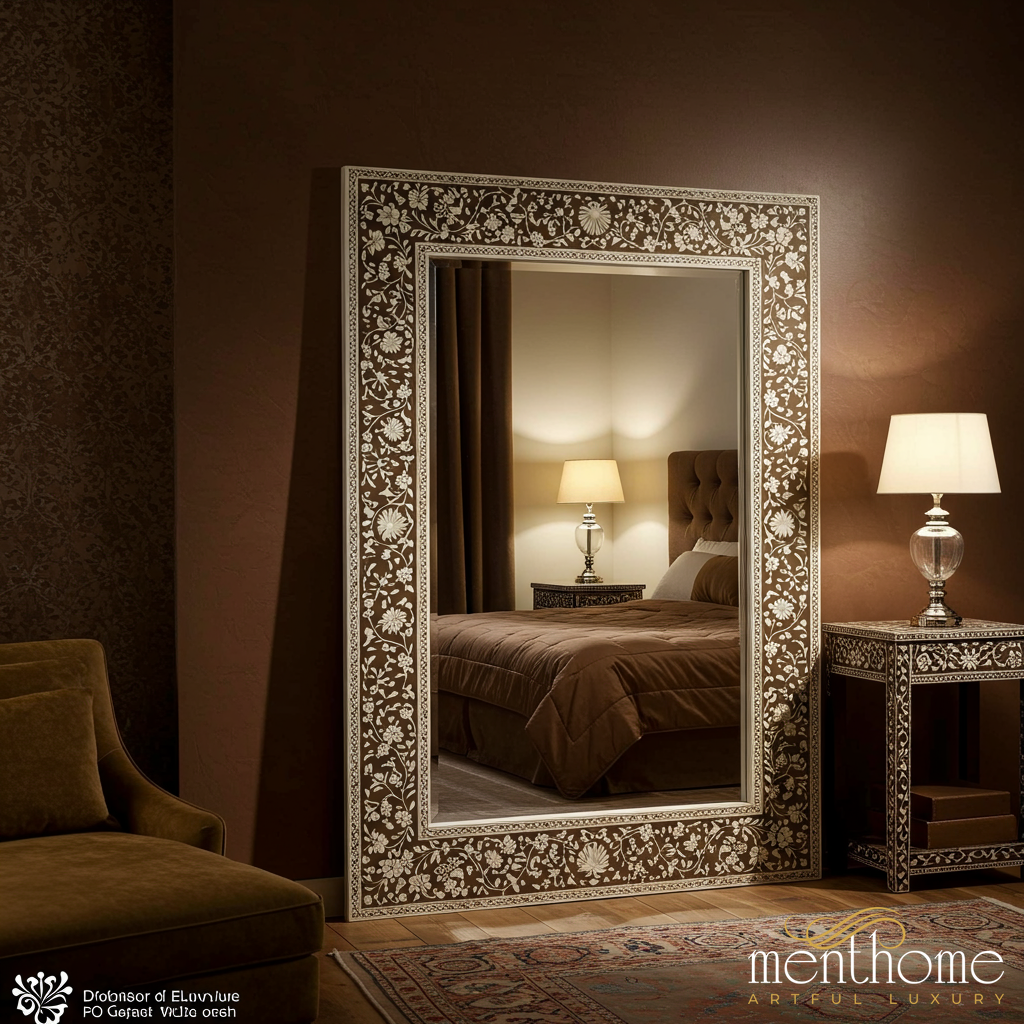 Ornate Floral Inlay Floor Mirror | Luxury Handmade Mirror