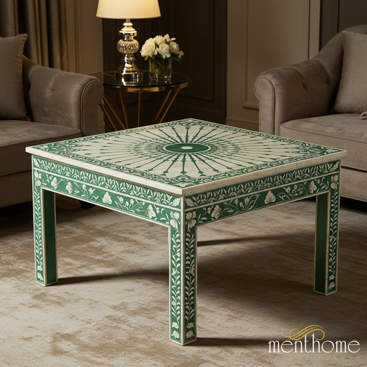 Green and White Floral Inlay Square Coffee Table | Luxury Handmade Coffee Table