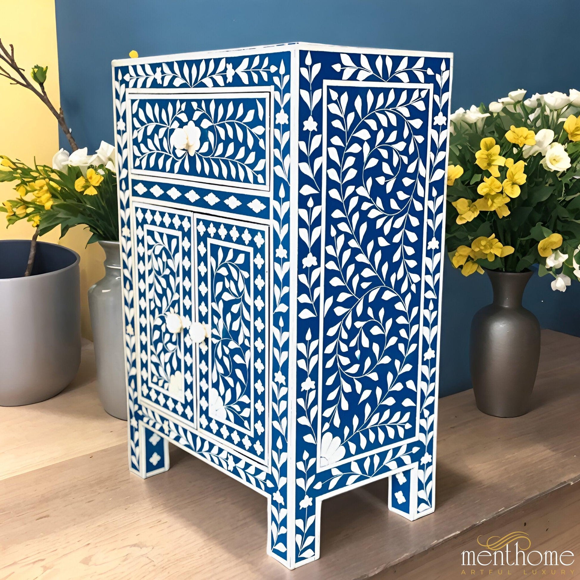 Blue Resin Floral Pattern Bedside Table with 1 Drawer and Door | Luxury Handmade Bedside Table