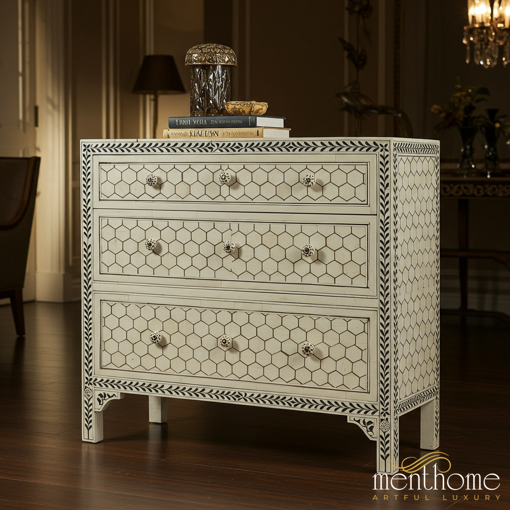 Vintage Hexagon Pattern Wooden Chest of Drawers | Luxury Handmade Chest of Drawer