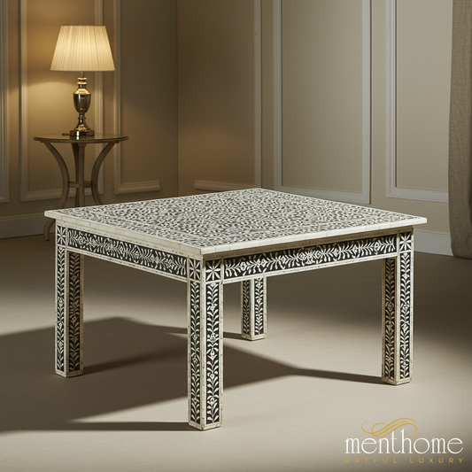Handcrafted Black and White Inlaid Bone Coffee Table | Luxury Handmade Coffee Table