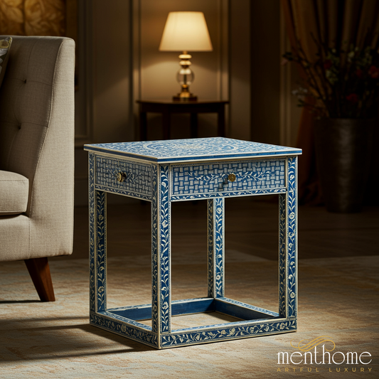 Elegant Blue and White Patterned Side Table | Luxury Handmade Side Table