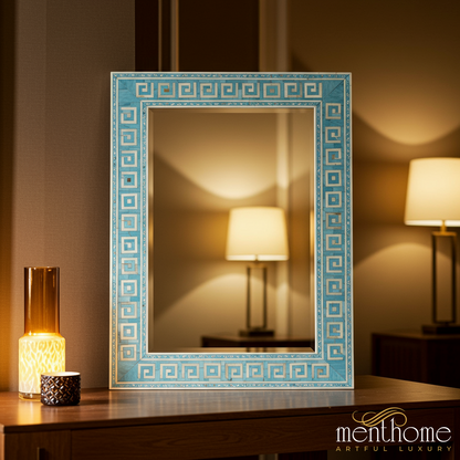 Decorative Blue Greek Key Accent Mirror | Luxury Handmade Mirror