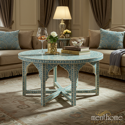 Handcrafted Blue Inlay Round Coffee Table | Luxury Handmade Coffee Table