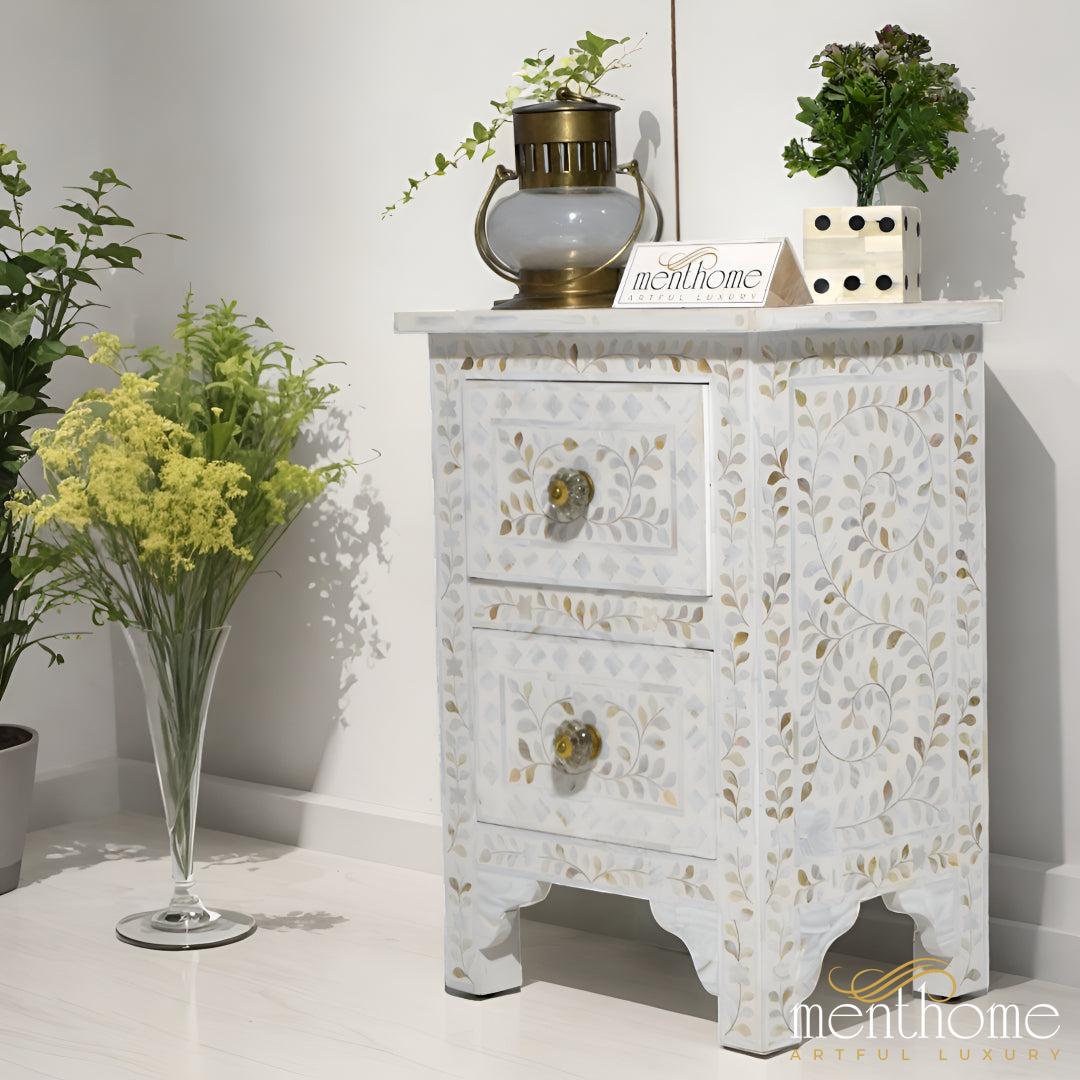 White Mother of Pearl Bedside Table adorned with a Leaf Pattern | Luxury Handmade Bedside Table